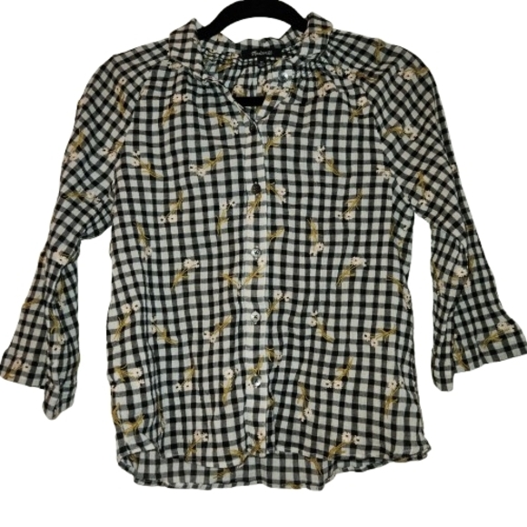 Madewell Black/White Gingham Embroidered 3/4 Sleeve Top Size XS Textured Flowers - Picture 2 of 11